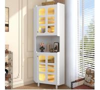 Vitrine-argentier D'angle Blanc Laqué 63.5x157.5cm, Éclairage LED, Panneau MDF, Multifonctionnelle Salon/bibliothèque/salle De Bain