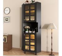 Vitrine-argentier D'angle Noir Laqué 63.5x157.5cm, Éclairage LED, Panneau MDF, Multifonctionnelle Salon/bibliothèque/salle De Bain