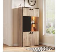 Vitrine-Argentier Dressing Bois Noir 77,8x36x150cm, Double Porte Haute, Coulissantes Milieu, Étagères Ouvertes, Bas Compartiments