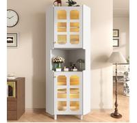 Vitrine-argentier Meuble d'angle blanc laqué 63.5x157.5cm avec LED - Commode bibliothèque multifonction salon, salle de bain,chambre