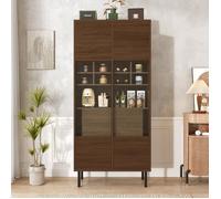 Vitrine Argentier Réutilisable Aspect Noyer, 75.5x35x164.5cm, Verre+étagères+tiroir, Rangement Polyvalent Salle Bain Salon Bureau