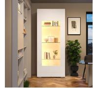 Vitrine Argentier Salon Blanc 70x40x173cm - 2 Portes Acrylique, Bande LED, Verre Trempé, Armoire Haute MDF Brillante