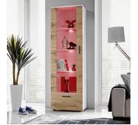 Vitrine Armoire Alessandria Komodee - Bois Naturel Mat & Blanc - 2 portes - LED RGB