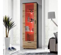 Vitrine Armoire Alessandria Komodee - Bois Naturel Mat & Noir - LED RGB - 2 portes - L60cm x H192cm x P42 cm