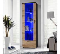 Vitrine Armoire Alessandria Komodee - LED bleues - Bois Naturel Mat et Noir - Facades en Mat - 60 x 192 x 42 cm