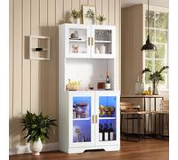 Vitrine Armoire Commode Lumières colorées réglables Vitrine suspendue avec 4 portes vitrées cloisons mobiles et lumière LED pour le salon Cuisine Armoires hautes Armoire à vin Salle à manger Sideboard