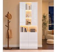Vitrine, armoire haute 70x35x180cm, avec vitre acrylique, LED pilotable app, 2 porte et tablettes réglables, pour salon,entrée,blanc