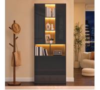 Vitrine, armoire haute 70x35x180cm, avec vitre acrylique, LED pilotable app, 2 porte et tablettes réglables, pour salon,entrée, noir