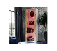 Komodee Vitrine Armoire Tivoli, Blanc/Wotan, Largeur 55cm x Hauteur 159cm x Profondeur 35cm,LED RGB, 3 étagères en Verre, pour Salon, Chambre, Entrée