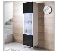 Vitrine Armoire LED | 40 x 177 x 29cm | Blanc et Noir Finition brillante | Pieds Alu | Rangement | 1 porte 4 compartiments |LUKE V6