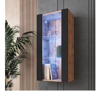 Vitrine Armoire Murale Komodee TIVOLI - LED bleues - Noir & Bois naturel - Facades en Mat - 50 x 100 x 29 cm