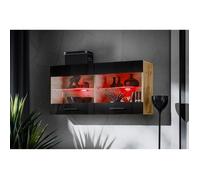 Vitrine Armoire Savona Komodee - LED RGB - Noir Brillant & Bois Naturel - Façades en Brillant - L100cm x H50cm x P30cm