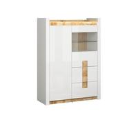Vitrine avec 2 portes et 2 tiroirs,avec éclairage LED, coloris Blanc brillant/Chêne clair