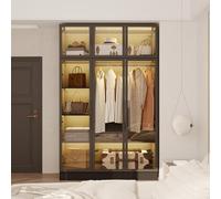 Vitrine avec 3 éclairages LED, Armoire vitrée avec Tringle à vêtements, Armoire de Rangement en Verre trempé, vitrine en Verre avec 6 Portes, 5 étagères, Cadre de Porte en Fer,120x48x190cm,Noir