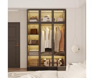Vitrine avec 3 éclairages LED, armoire vitrée avec tringle à vêtements, armoire de rangement en verre trempé, vitrine en verre avec 6 portes, 5 étagères, cadre de porte en fer,120x48x190cm,Noir