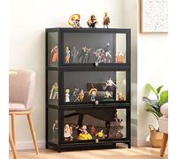 Vitrine avec portes en acrylique, armoire de rangement en bambou, 2 niveaux, bibliothèque en verre noir, étagères de rangement de 70 cm, vitrine de jouets pour figurines