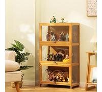 Vitrine avec portes en acrylique, armoire de rangement en bambou, 2 niveaux, bibliothèque en verre noir, étagères de rangement de 70 cm, vitrine de jouets pour figurines