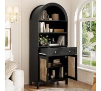 Vitrine avec portes en rotin, armoire de rangement noire aspect bois | Avec 3 compartiments ouverts, tiroir et 2 portes, design incurvé, beaucoup d'espace de rangement pour le salon et le couloir