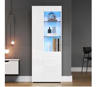 Vitrine avec tiroirs,vitrine en verre brillant, avec éclairage LED, armoire haute, avec placard, vitrine au sol, blanc,70x35x180cm