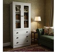 Vitrine / Bibliothèque Haute - Novélys - 171cm, 2 Portes Vitrées et 3 Tiroirs - Style Rustique Moderne - Finition Bois Blanchi