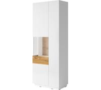 Vitrine, bibliothèque, vaisselier KILES en blanc gris et couleur chêne. Modèle vitrine gauche. LED intégrées