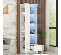 Vitrine blanc brillante avec portes en verre-armoires en verre éclairées par LED-avec 4 étagères en verre-pour objets de collection