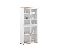 IDMarket Vitrine buffet haut VITO H. 176 cm 4 portes vitrées Blanc et bois
