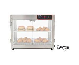 Vitrine chauffante Alimentaire 2 Niveaux, 800 W, 30 à 85 °C | Acier inox 201 et verre trempé 5 mm, éclairage LED à lumière chaude, préchauffage 10 min, pose sur comptoir