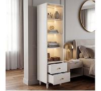 Vitrine colonne blanche en MDF et verre avec LED, porte vitrée, 2 tiroirs, 40 x 35 x 165 cm