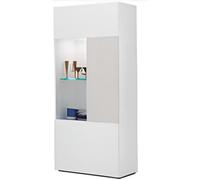 Vitrine contemporaine PEGANE avec 1 porte et 2 niches éclairées LED - Blanc / Gris béton - 52x27x121cm