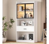 Vitrine Curio avec LumièRe, éTagèRes de Rangement avec Portes en Verre Escamotables 1 Grand Tiroir et LumièRe 16 Couleurs éTagèRe de PréSentation Pour Objets de Collection Vitrine Pour Salon (Style-D)