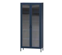 Jan Nowak Angelo Armoire vitrine à 2 Portes - 80 x 185 x 45 cm - 4 étagères réglables - Verre trempé - Montage Mural - Vitrine en Verre Debout - Armoire de Salon Scintillante - Bleu foncé