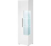 Vitrine design haute de la collection BOMBAY. Couleur : blanc brillant. Ouverture à gauche.