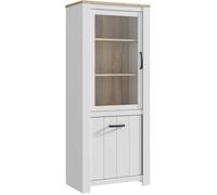 Vitrine - ELARA - 2 portes dont 1 vitrée - Chêne / Blanc mat - 76,9 x 42,2 x 185,5 cm