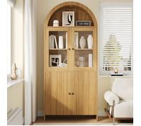 Vitrine en Bois Naturel 78 x 40 x 176 cm avec Portes Vitrées, Buffet Haut Vaisselier Style Scandinave avec Arche