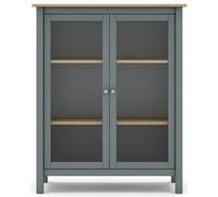Vitrine en pin massif chêne et vert kaki, meuble de rangement avec 2 portes - Longueur 90 x Profondeur 40 x Hauteur 110 cm