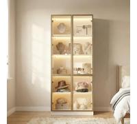 Vitrine en verre 200cm pour collection éclairage LED Armoire vitrée haute avec 2 portes 5 étagères Vitrine LED tricolore Bibliothèque en verre pour Salon Chambre à Coucher bureau 80×36×200 cm Blanche