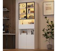 Vitrine en verre avec éclairage LED et contrôle par application - Armoire avec 2 portes en verre, tiroir et étagères ouvertes, armoire haute comme bibliothèque ou armoire à vin pour salon - Blanc - 70