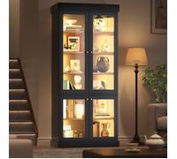 Vitrine en Verre avec éclairage LED, Meuble Haut Moderne avec 4 Portes Vitrées, Bibliothèque, Armoire Multifonction,80x40x180cm,Noir