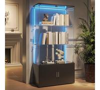 Vitrine en Verre avec éclairage LED, Vitrine étagère Debout avec Porte en Verre et Etagères, Armoire de Collection Moderne en Verres, LED Armoire à Meuble de Rangement pour Salon Bureau (B, Noir)
