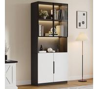 Vitrine en verre avec LED 80 x 30 x 200 cm - 4 portes avec plan de travail - Armoire à livres avec portes en verre - Vitrine de collection pour salon, bureau, bureau (D)
