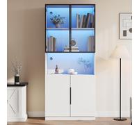 Vitrine en verre avec LED 80 x 30 x 200 cm - 4 portes avec plan de travail - Armoire à livres avec portes en verre - Vitrine de collection pour salon, bureau, bureau (B)