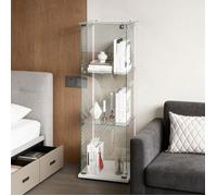 Vitrine en verre LED, 3 étagères avec serrure, transparente pour vaisselier salon bibliothèque, 123x40x35cm, blanc