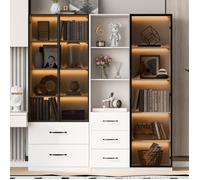 Vitrine en Verre pour Collection 140×40×160 cm, Meuble Rangement Salon avec Tiroirs Bibliothèque Vitrée,Vaisselier Vitrine LED,Blanc
