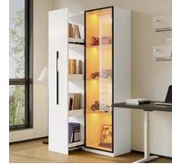 Vitrine en Verre pour Collection, Armoire Salon Modernes avec Portes et roulettes, Bibliothèque Vitrée, Vitrine LED, Blanc