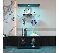 Vitrine en Verre, Vitrine Armoire pour Collection avec Portes, Vitrines en Verre avec éclairage LED, 2 Porte 4 Compartiments, Noir