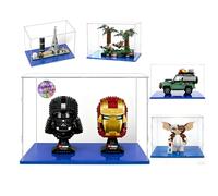 Vitrine Exposition Transparent,Boîte de Présentation Acrylique pour 2 Pièces Star Wars Helmet,10317 Land Rover,21361 Gremlins Gizmo,75353 Diorama(35x20x25cm,Base Bleue)