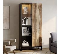 Vitrine haute avec éclairage LED multicolore, armoire de rangement 80 × 41 × 175 cm, portes push-to-open, étagères en verre trempé et bois, design moderne noir & bois rustique, structure PB/MDF + pied