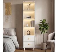 Vitrine Haute avec LED - Bibliothèque Porte en Verre 2 Tiroirs Grand Vaisselier Style Rétro Bureau - Blanc