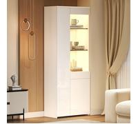 Vitrine Haute Brillance avec éclairage LED, Armoire Vitrine en Verre Moderne avec Tiroirs, Bibliothèque, Meuble Salon Rangement